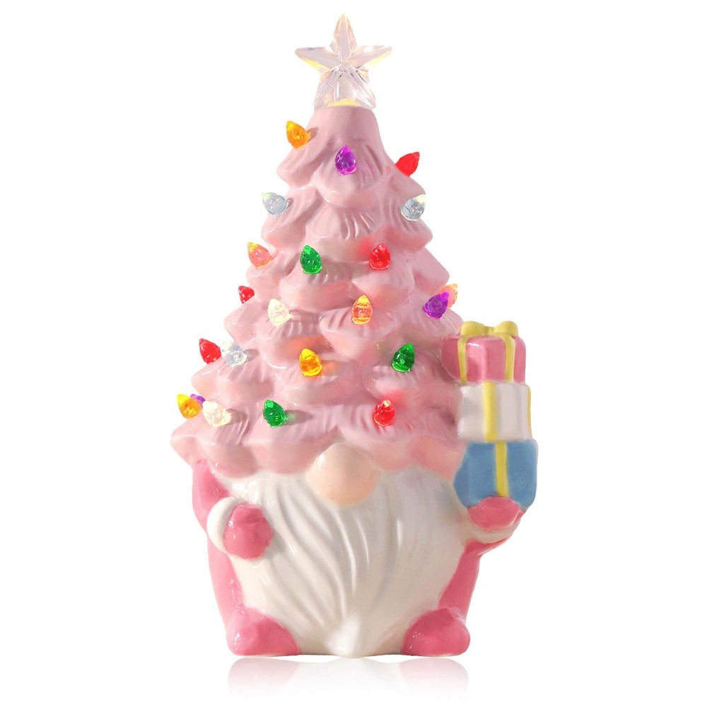 Pawliss Christmas Tree Gnome Decorations, Pink Christmas Decor Light-Up Ceram...