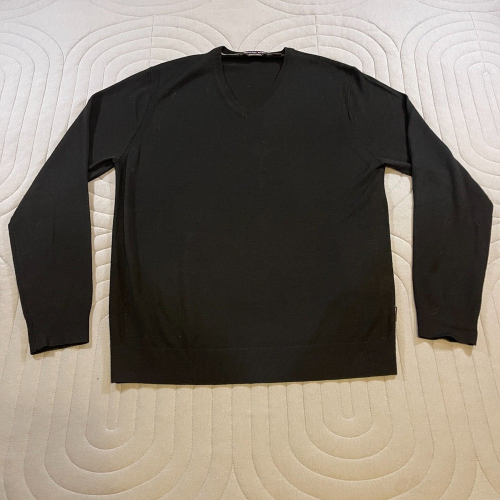 Michael Kors Mens Sweater Large 100% Extra Fine Merino Wool V Neck Black Preppy