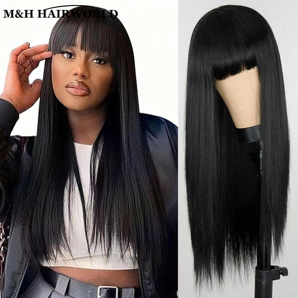 Black Glueless Straight Synthetic Wig with Bangs for Daily & Party Wear  