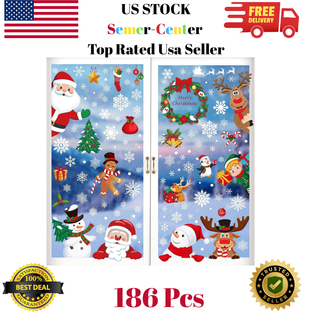 186PCS Christmas Decor, Christmas Window Clings, 9 Sheets Snowflake Window Stick