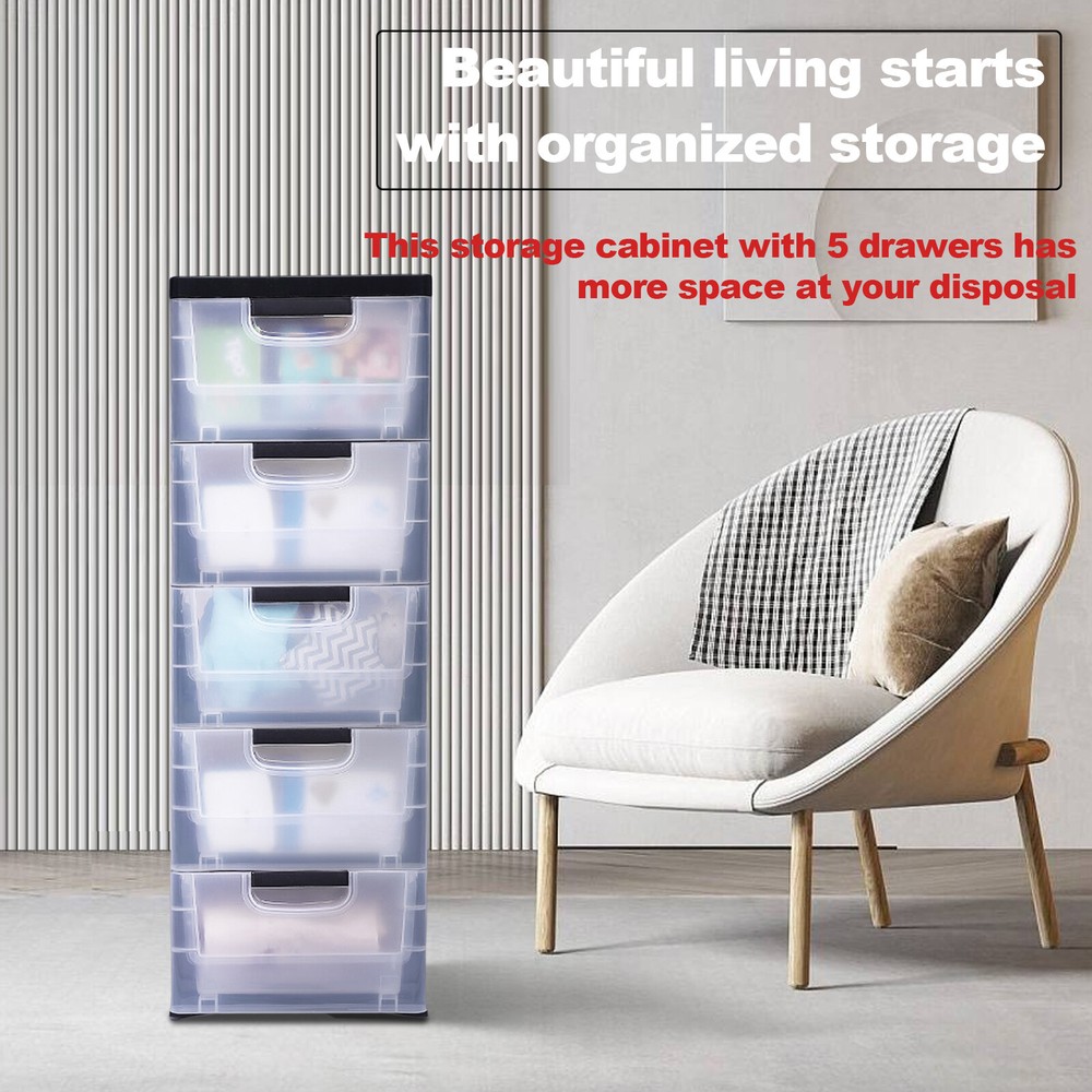 Large Stackable Storage Cabinet Transparent Dress Organizer 5 Drawers PP Plastic