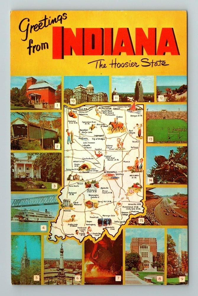 IN-Indiana, General Greetings, Map And Landmarks, Vintage Postcard