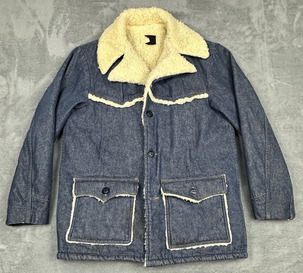 VTG Roebucks Coat Mens 44T Blue Denim Sherpa Lined Chore Barn Jacket Sears READ