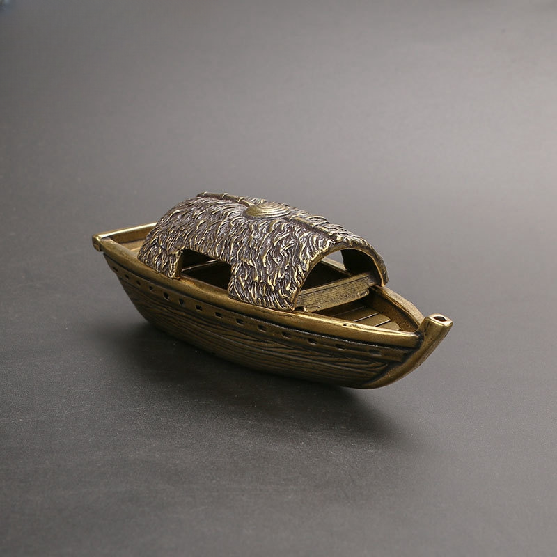 Antique Copper Fishing Boat Sculpture Tabletop Ornament for Tea Tables