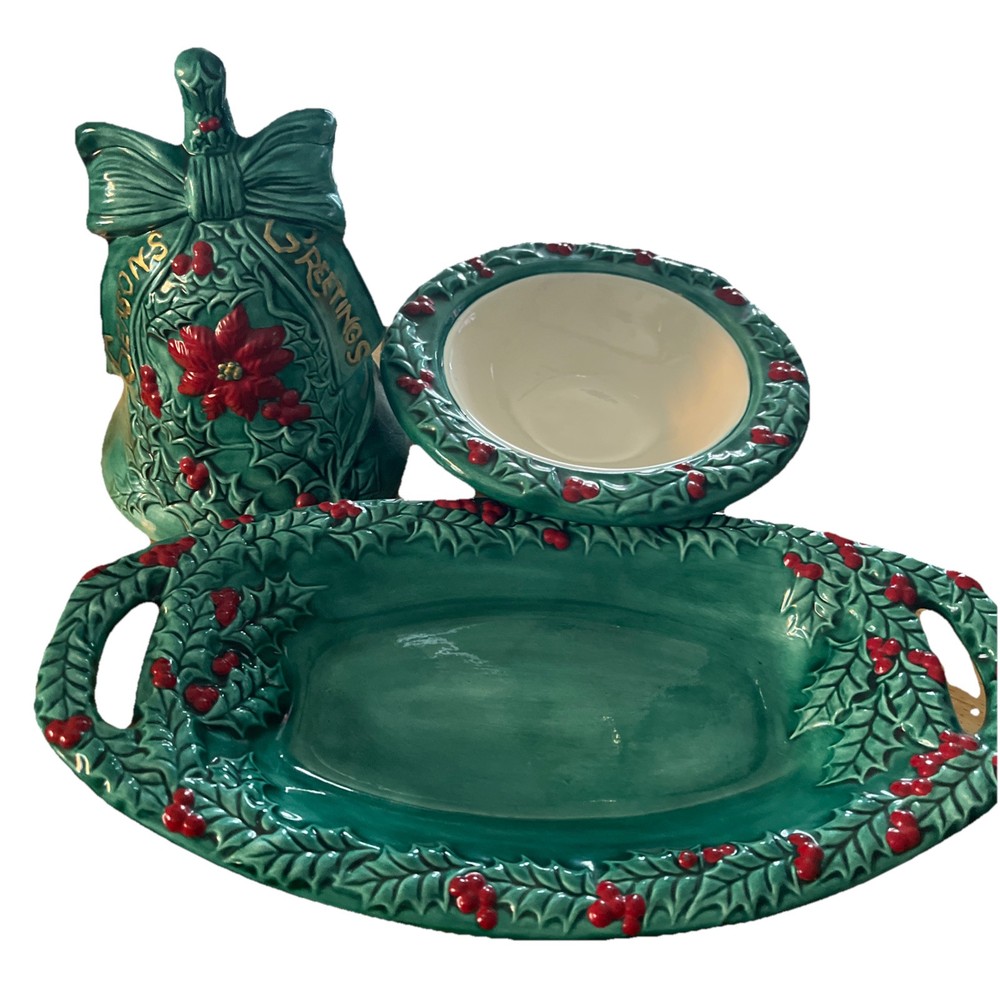 Handpainted Christmas Ceramic Bell Decor in Green and Red