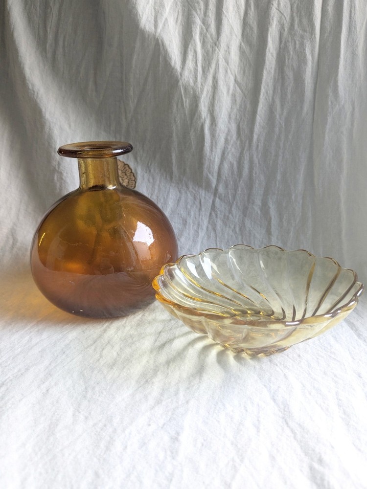 Vintage Amber Glass Bulb Vase with Capri Swirl Trinket Bowl