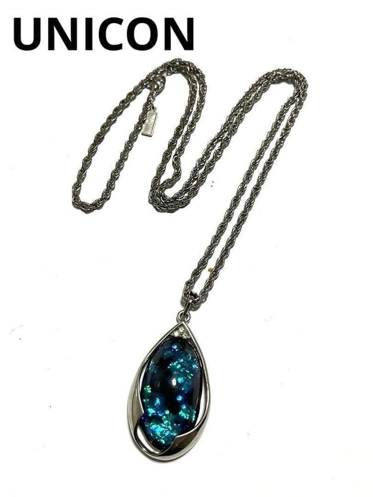 UNICON Blue & Black Opal-Style Silver Pendant Necklace Vintage Retro
