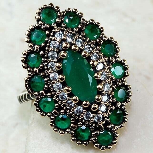 3.5CT Treated Emerald 925 Sterling Silver Ottoman Empire Style Ring Size 8