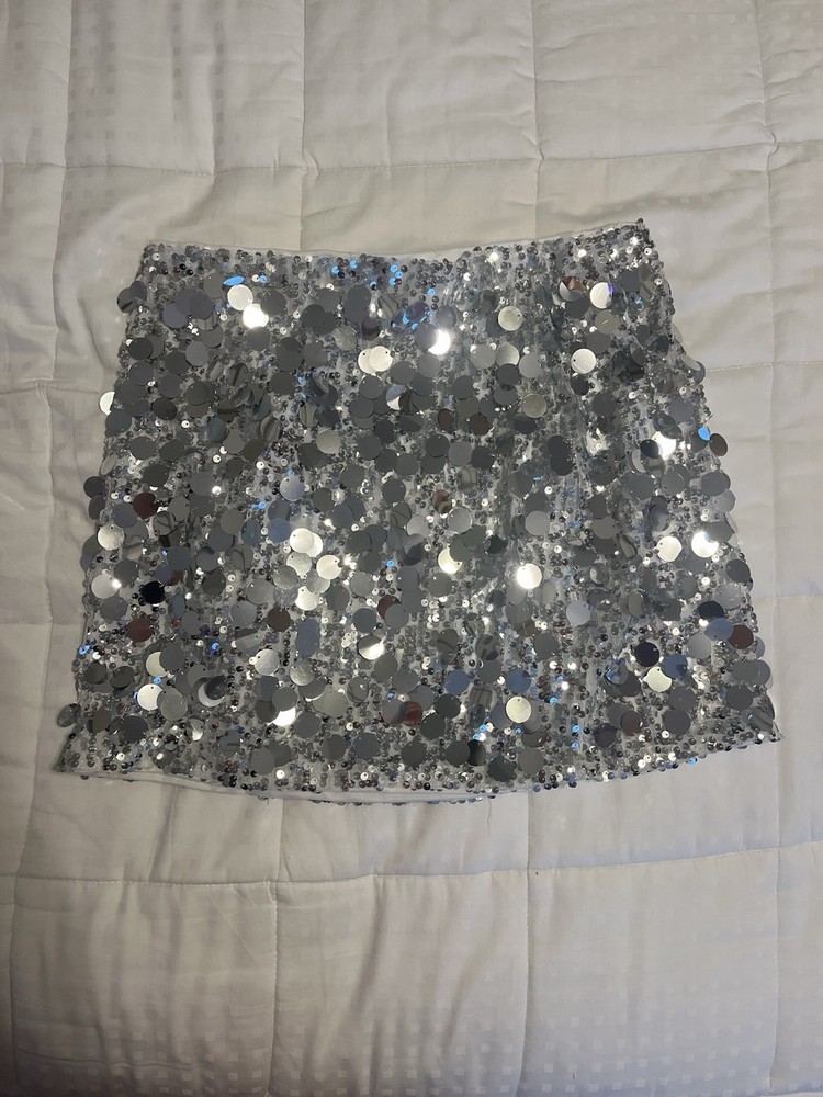 Silver Sequin Mini Skirt for Women - Size Large