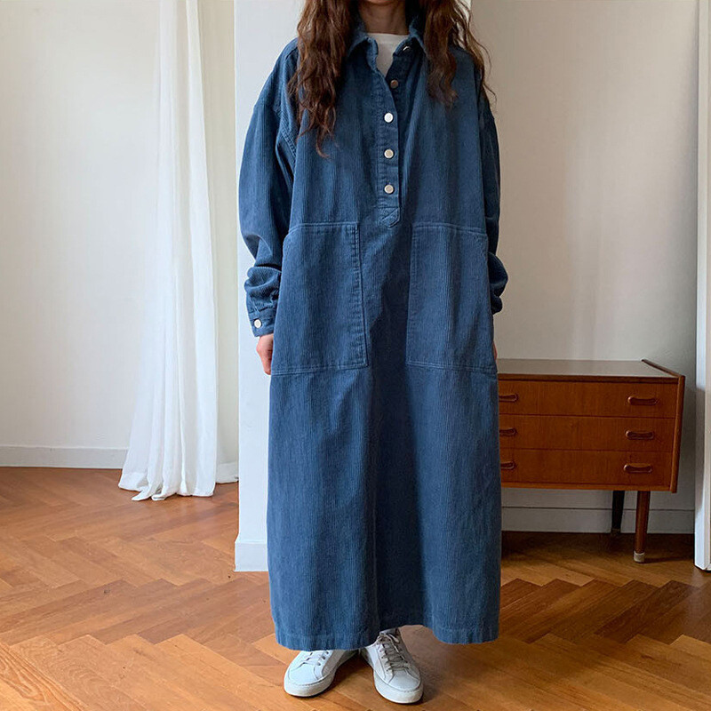 Womens Korean Fashion Baggy Corduroy Lapel Collar Casual Loose Slit Long Dress
