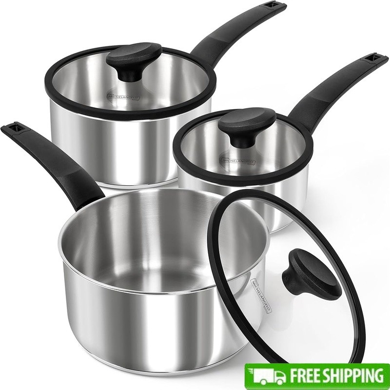 Stainless Steel Saucepan Set W/ Lid Even Heat Distribution Induction Compatible