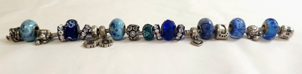 Pandora 925 Sterling Silver Charm Bracelet with 5 Charms & Glass Beads