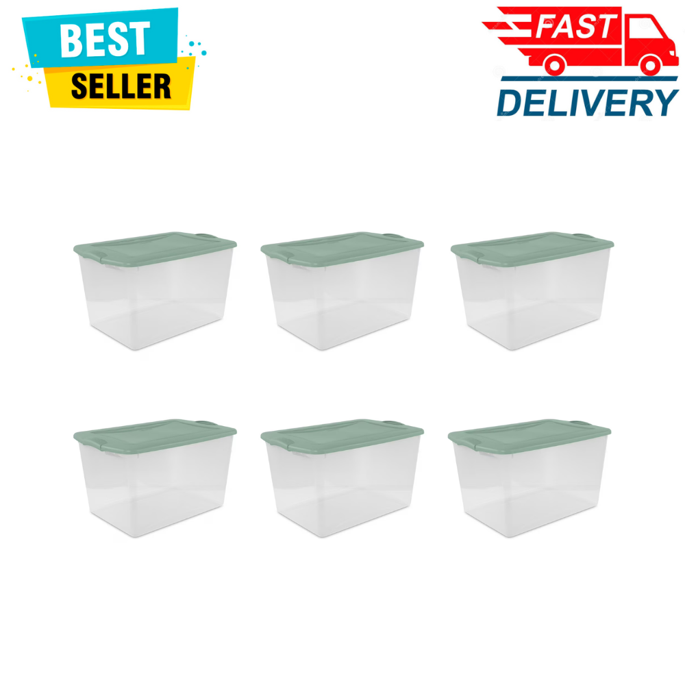Sterilite 66 Qt Clear Plastic Storage Bin Latch Lid Green Sage Stackable, 6 Pack