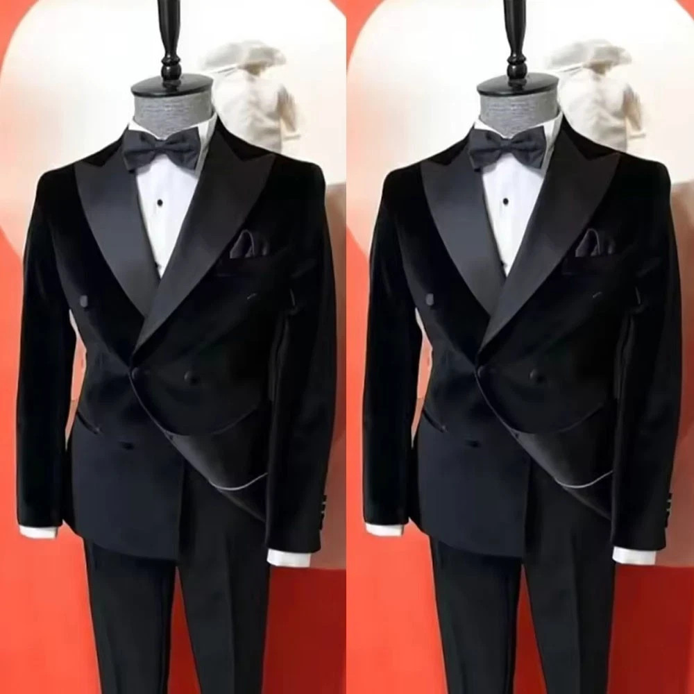 Black Velvet Suits for Men Peak Lapel Formal Wedding Groomsmen 2 Piece Jacket