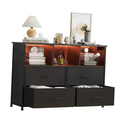 4-Drawers Dresser with 3 Open Storage Shelves, Fabric Dressers Drawers for