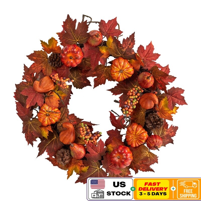 Autumn Pumpkin Wreath Artificial Fall Decor Seasonal Home Door Wall Accent New