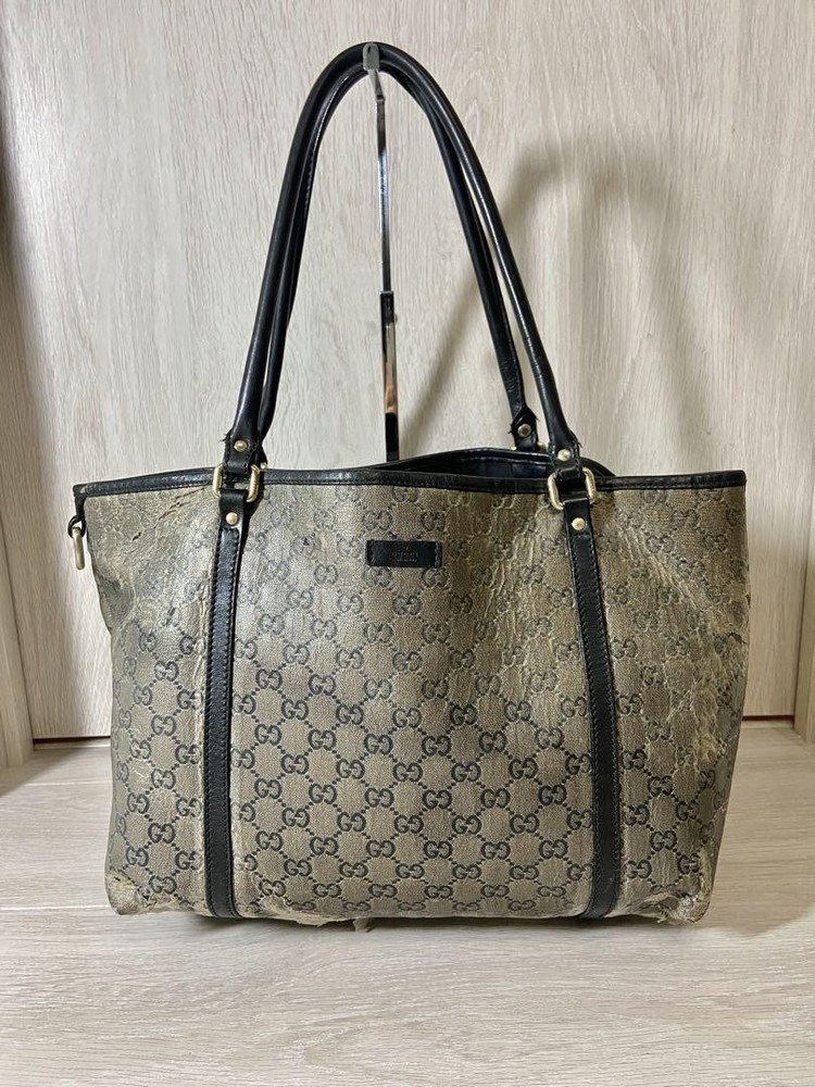 Gucci GG Navy Leather Tote Bag with Crystal Logo Shoulder Strap
