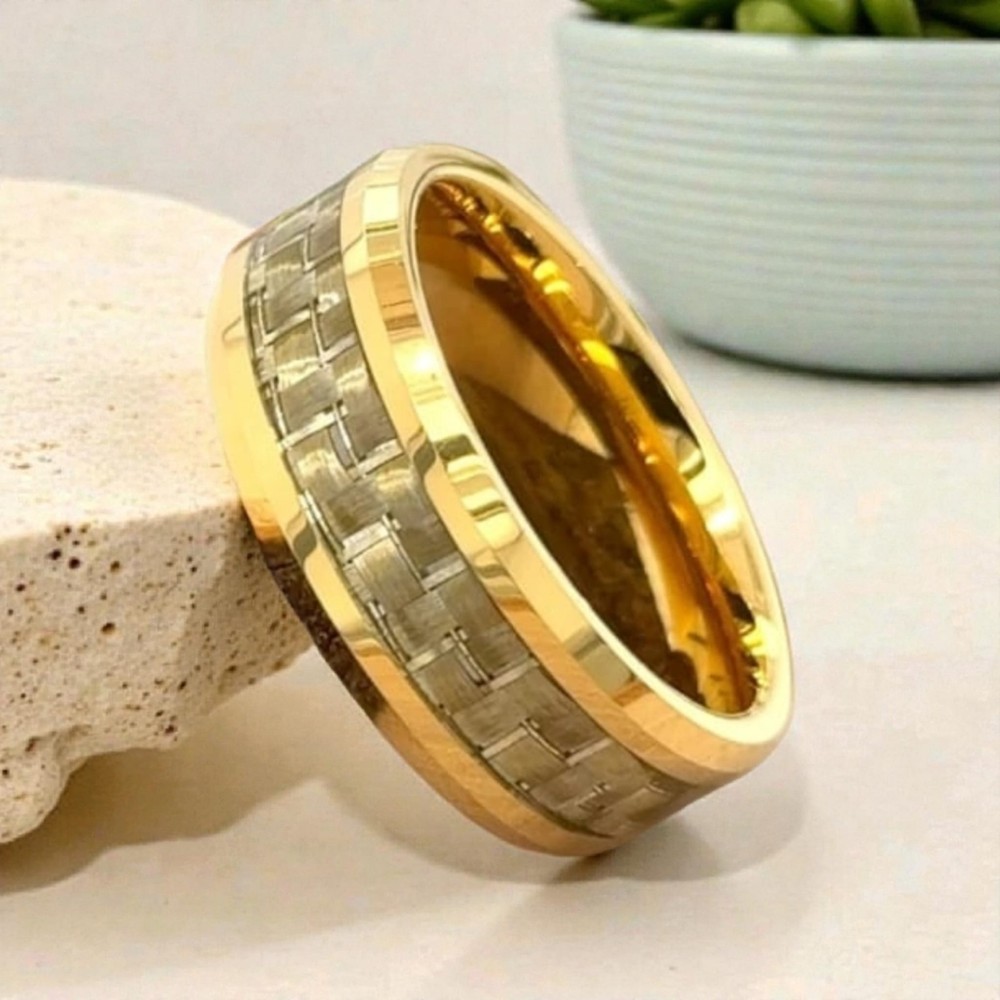 Men's  Gold Tungsten Wedding Band Gold Carbon Fiber Inlay Wedding Ring Size 9.5