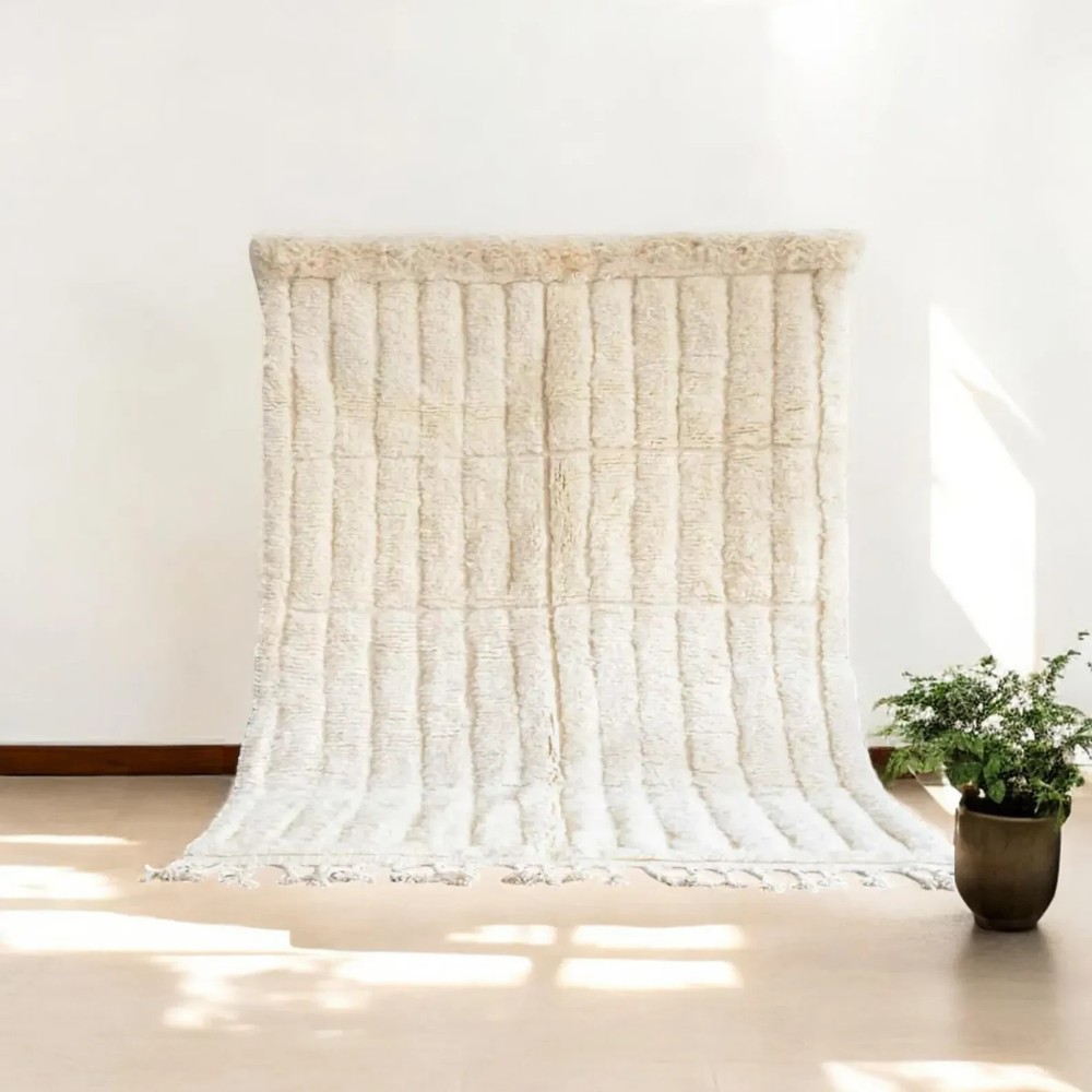 Handwoven Moroccan Berber Wool Rug Color Cream White Handmade Design Carpet Rug
