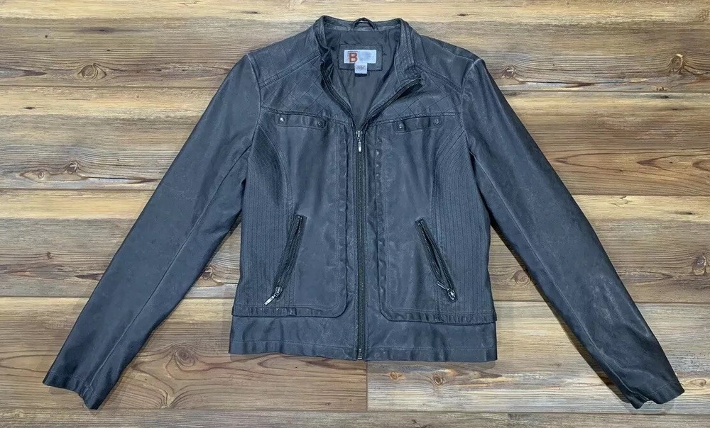 B by Bernardo Women’s Sage Gray Faux Leather Moto Jacket Size Small Excellent