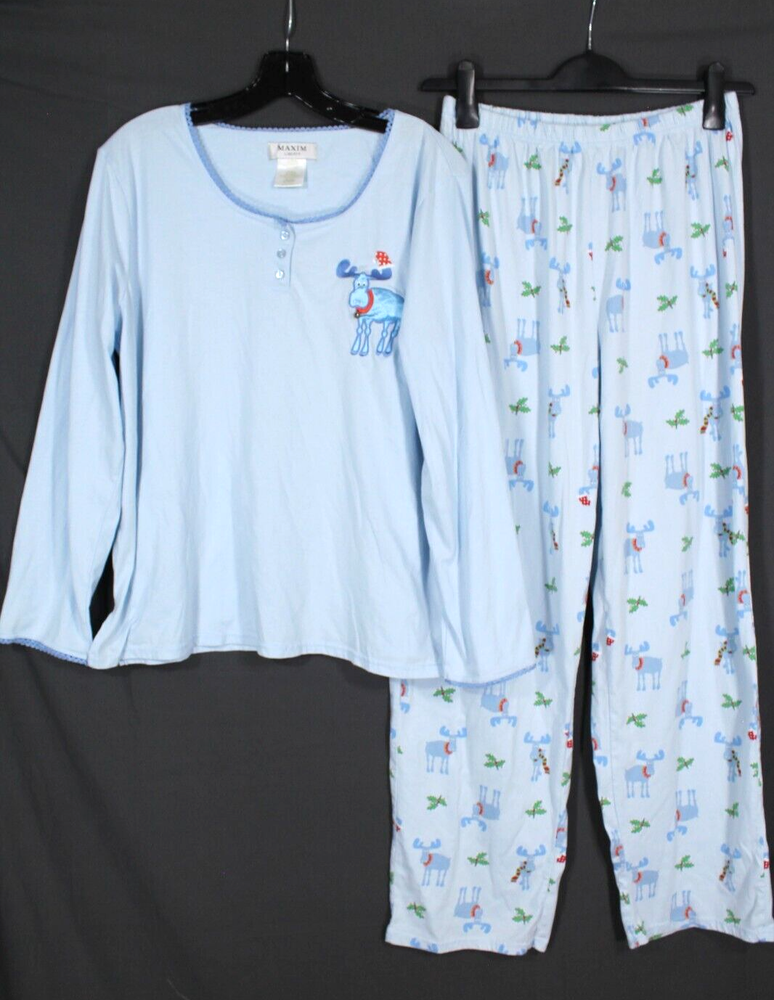 MAXIM LIBERTY Blue Holiday Moose Knit Lounge Pajama Set Size L