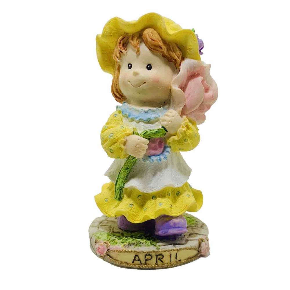 APRIL BIRTHDAY Girl Figurine Red Hair Yellow Dress & Bonnet Holding Pink Rose 4”