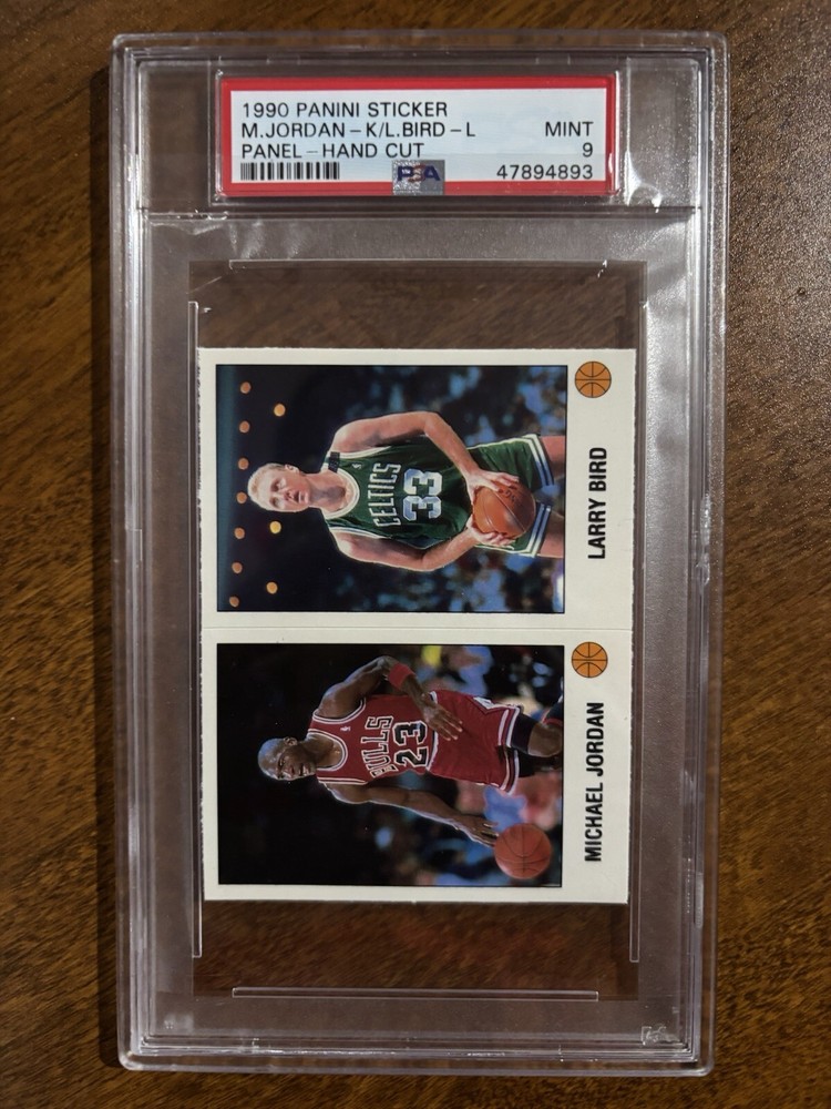 Larry Bird Michael Jordan 1990 Panini Sticker Panel Hand Cut PSA 9 Mint Condition  