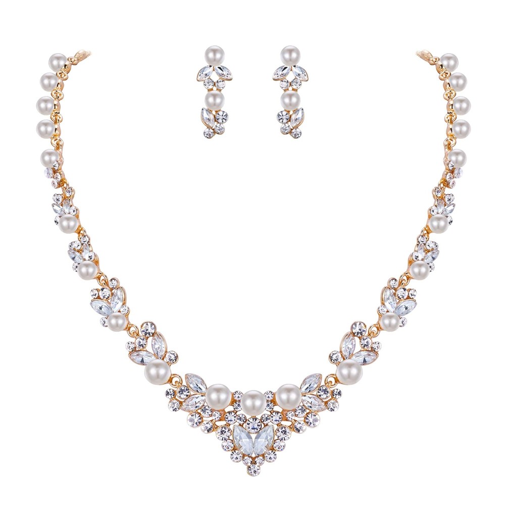 EVER FAITH Bridal Jewelry Set with Crystal and Simulated Pearl Leaf Design