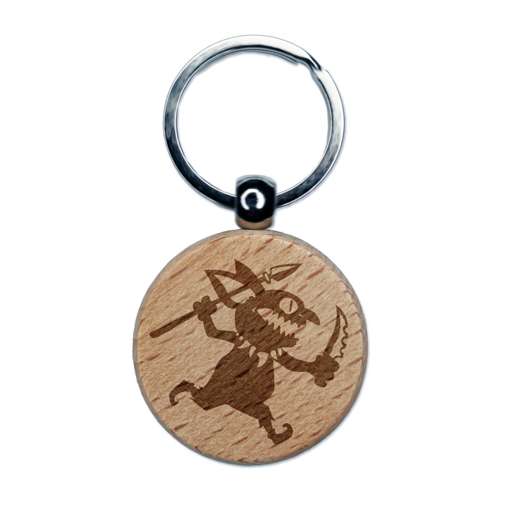Dungeon Goblin Spear Dagger Engraved Wood Round Keychain Tag Charm