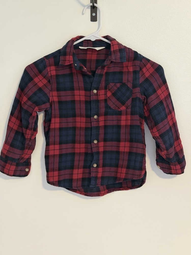 H&M Boys Plaid Button Down Shirt Size 5T Red Blue Check Lightweight