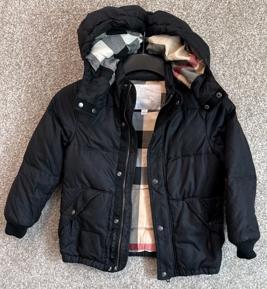 Burberry Kids Youth Size 7Y Black Down Nova Check Lined Hooded Full Zip Jacket