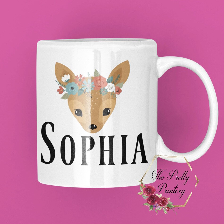 Personalised Mug Pretty Deer Floral Crown Cute Custom Gift For Her Sister