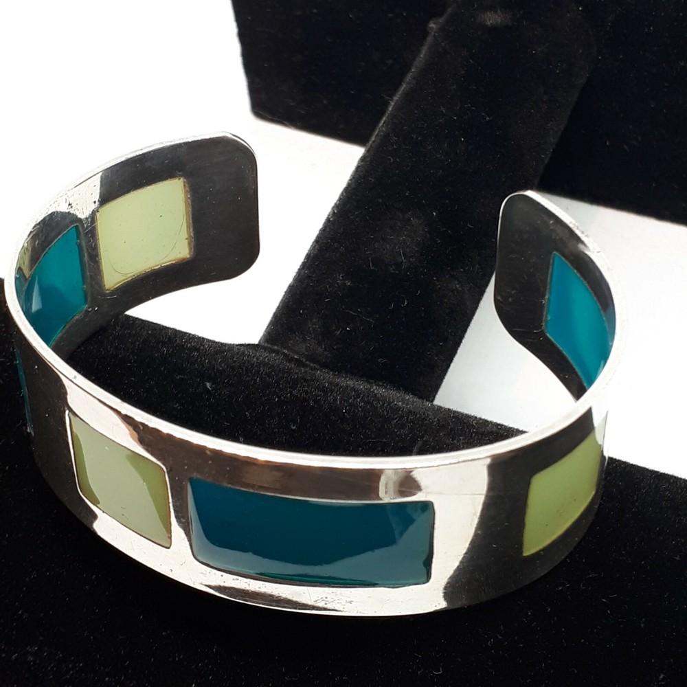 Silver Tone Bracelet Cuff Art Deco Style Resin Inset Green Yellow Silver Plated