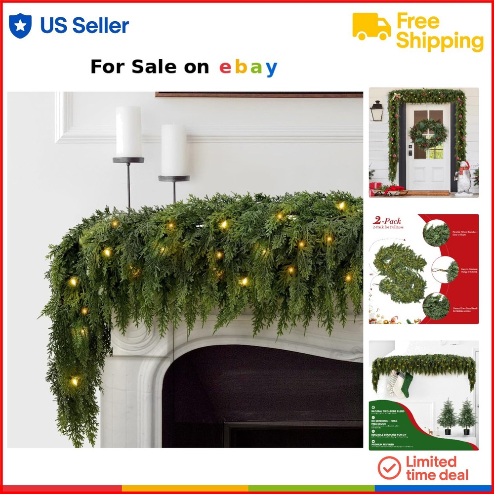 Christmas Cedar Garland 9ft 2pcs Pre-lit Indoor Outdoor Decor with 100 Lights