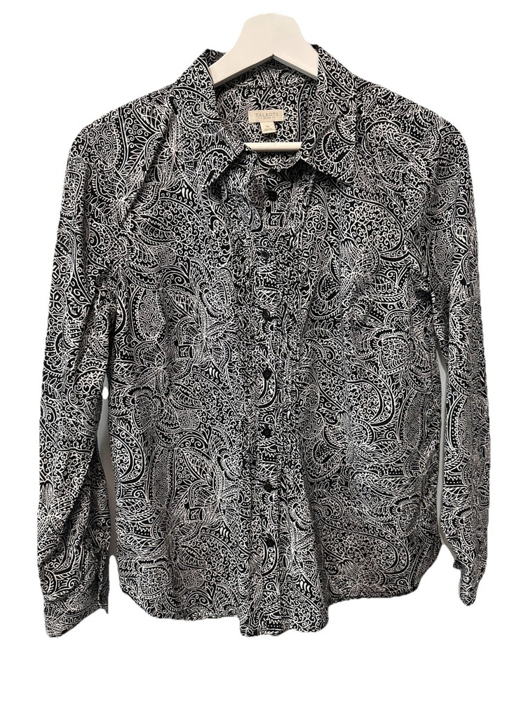 Talbots Black & White 100% Cotton Button Front Blouse Top Collared Size SP