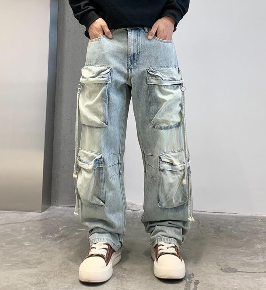 Men's Light Blue Retro Cargo Multi Pockets Straight Leg Punk Hip Hop Pants Jeans