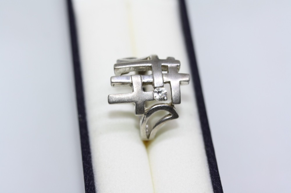 Modernist Jerusalem Crusader CZ Womens 925 Sterling Silver Lattice Ring Size 4.75