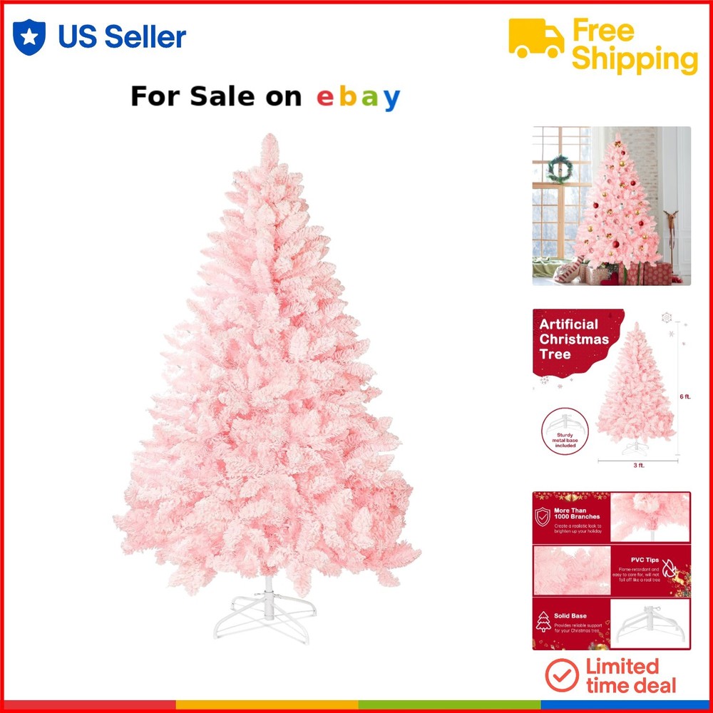 Pink 6ft Snow Flocked Artificial Christmas Tree Hinged Tips Stand Holiday Decor