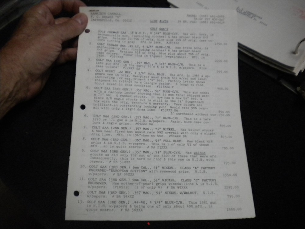 Harrison Carroll List 1292 ,Nov , 1992  Colt SAAs,S&W, Blk powder Price List