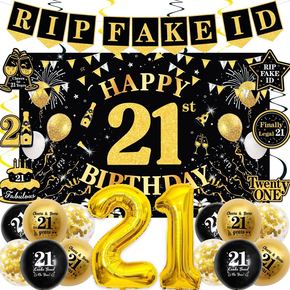 Black And Gold 21st Birthday Decorations For Him Her Balloons Backdrop Swirls