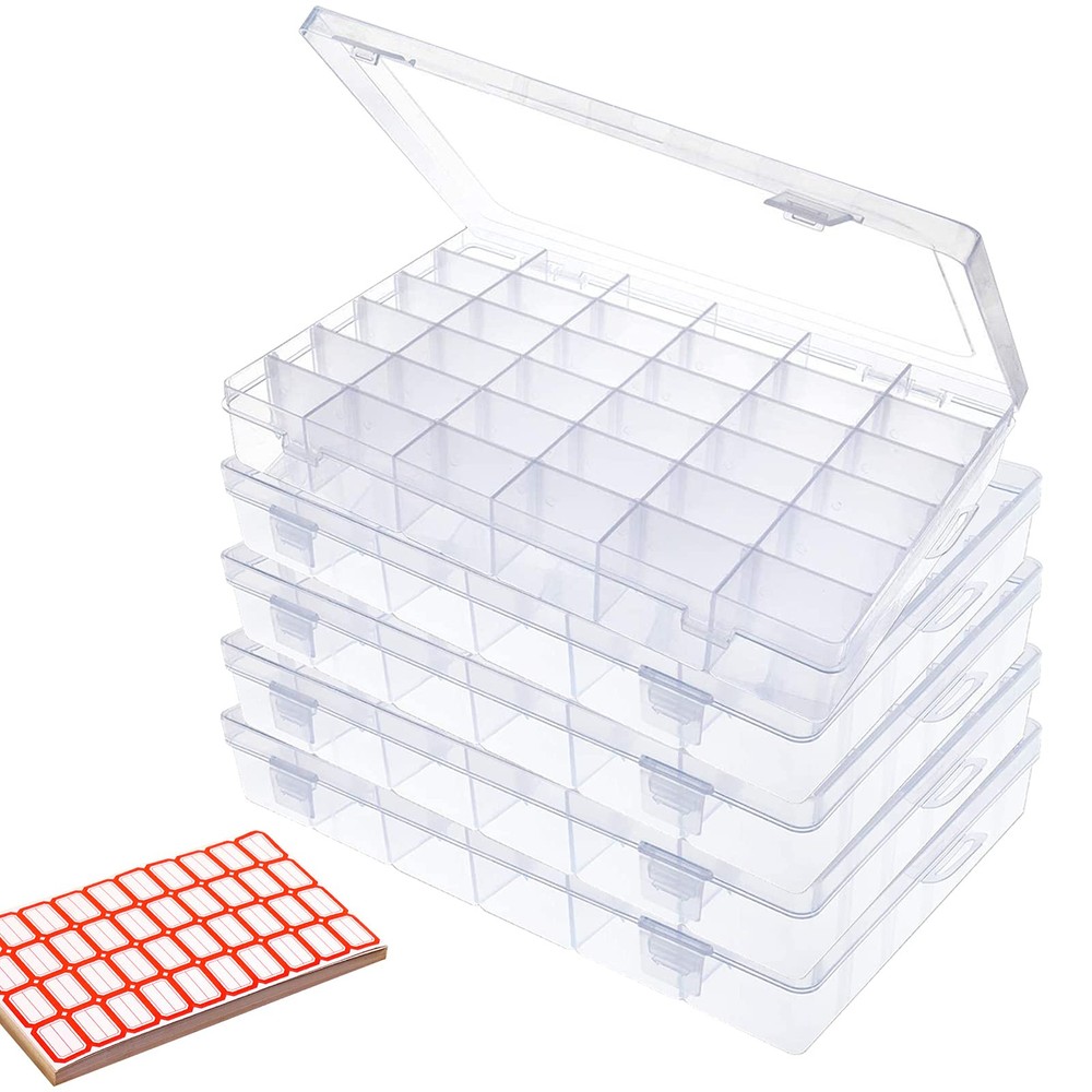 5Pack 36 Grids Clear Plastic Organizer Box with Adjustable Dividers Storage C...