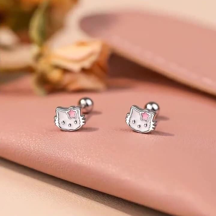 SOLID Sterling silver Tiny Enamel Kitty Cat animal Screw stud earrings Gift PE1