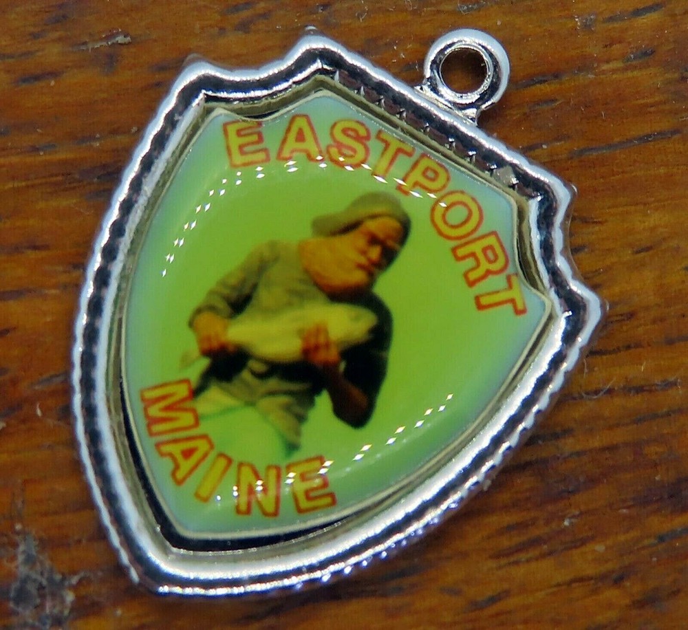 Vintage EASTPORT Maine Big Fisherman silver fish travel shield charm