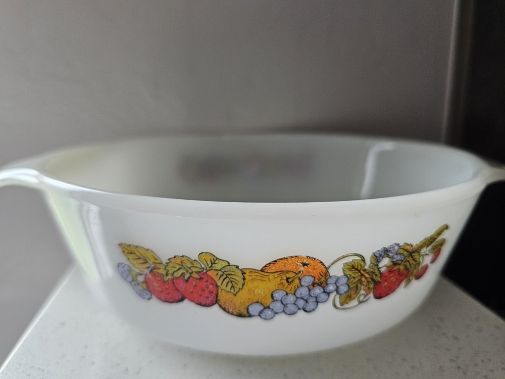 Vintage Anchor Hocking Fire-King Mixing Bowl  Fruit Pattern  Milk Glass 8.5''