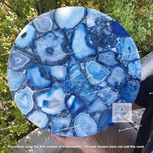 Blue Agate Round Coffee Table 15x15 Inch Natural Stone Side Table Christmas Sale-image