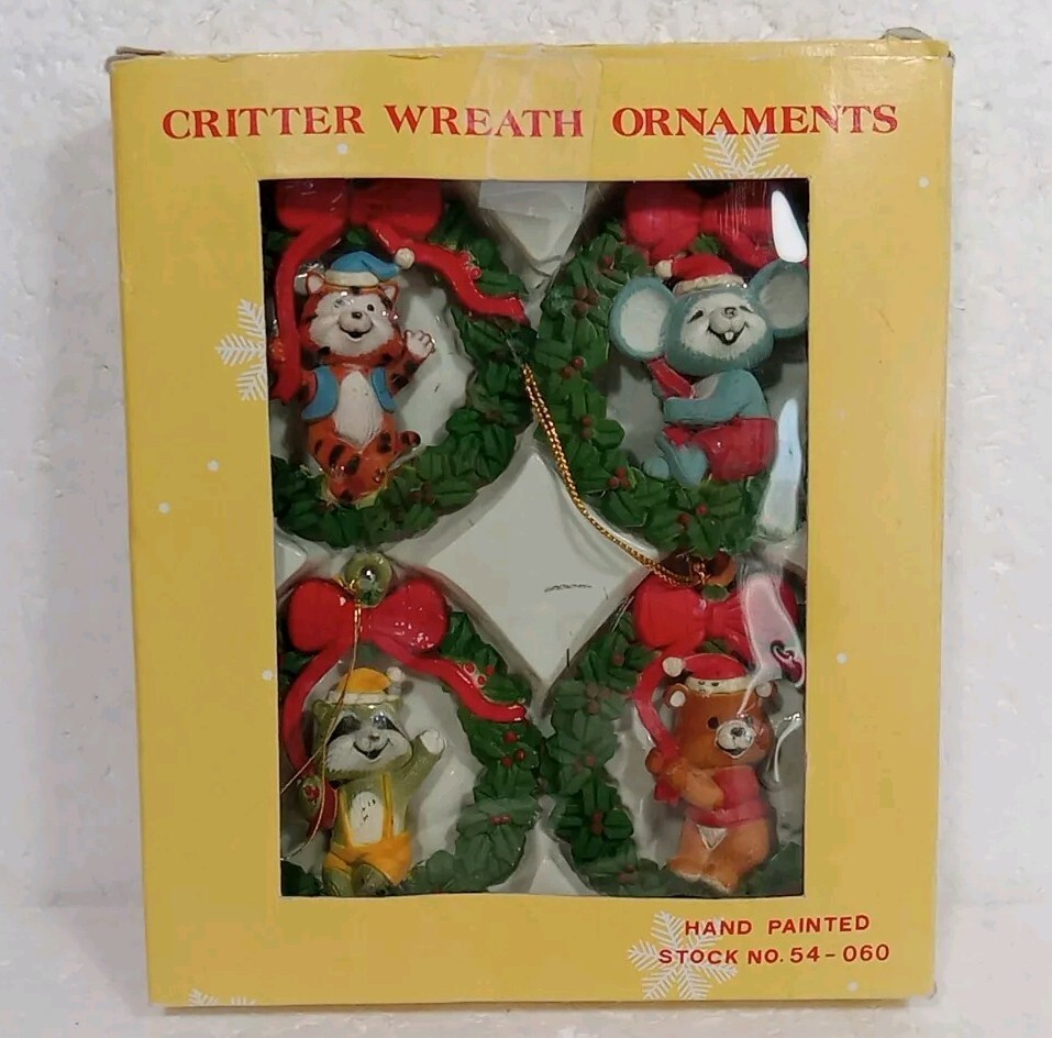 VTG Critter Wreath Christmas Ornaments Hand Painted Set Of 4 With Box