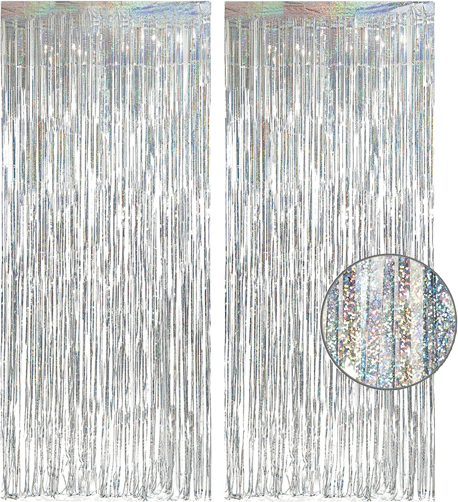 Silver Foil Fringe Tinsel Backdrop -  Metallic Tinsel Streamers Curtains for 202