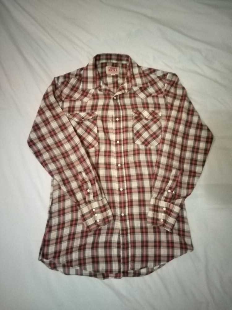 LEVI'S Western Shirt VTG Pearl Snap 16-35 Made In USA Plaid