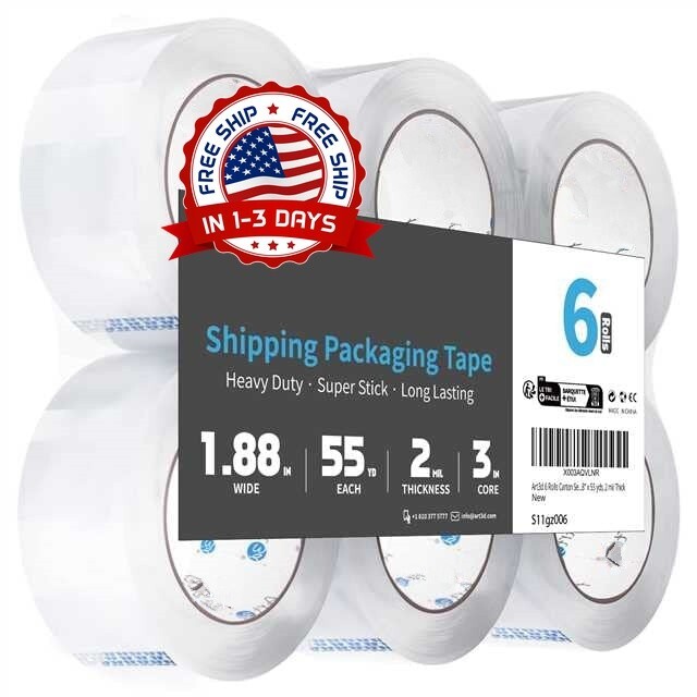 6 Rolls Carton Sealing Tape Heavy Duty, Clear Packing Tape, 1.88
