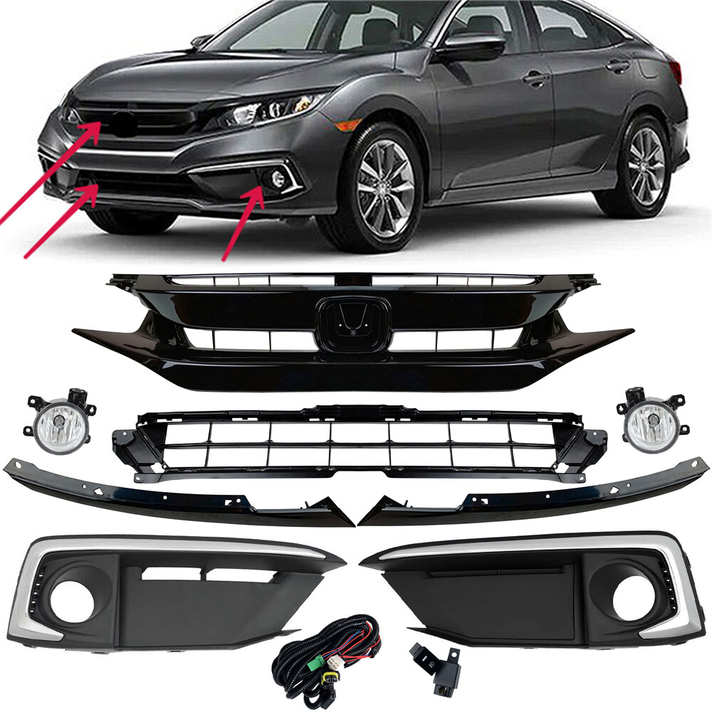 Fit Honda Civic Sedan 19-21 Front Upper & Lower Grille Fog Lights Kits Set 8pcs